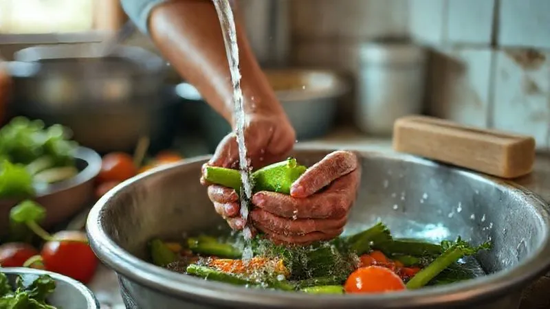 Photorealistic, professional photography, 8K, cinematic lighting, sharp focus, depth of field. A close-up shot of a volunteer's hands meticulously washing vegetables in a clean basin, with a bar of soap visible nearby. The background shows a simple, organized communal kitchen in a rural setting, emphasizing hygiene and care in food preparation. No text or logos. Photorealistic, professional photography, 8K, cinematic lighting, sharp focus, depth of field. A close-up shot of a volunteer's hands meticulously washing vegetables in a clean basin, with a bar of soap visible nearby. The background shows a simple, organized communal kitchen in a rural setting, emphasizing hygiene and care in food preparation. No text or logos.