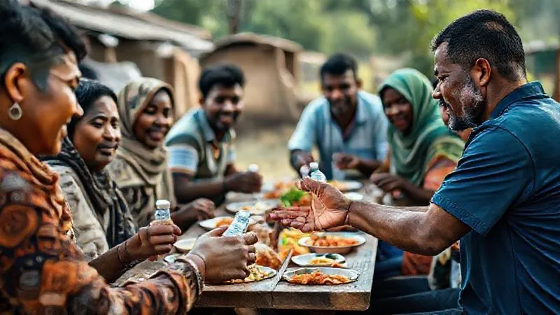 Photorealistic, professional photography, 8K, cinematic lighting, sharp focus, depth of field. A diverse group of international volunteers and local community members sharing a meal together outdoors, with one volunteer subtly using hand sanitizer before eating. The atmosphere is warm and communal, showing cultural exchange with an underlying emphasis on personal hygiene and responsible eating. No text or logos. Photorealistic, professional photography, 8K, cinematic lighting, sharp focus, depth of field. A diverse group of international volunteers and local community members sharing a meal together outdoors, with one volunteer subtly using hand sanitizer before eating. The atmosphere is warm and communal, showing cultural exchange with an underlying emphasis on personal hygiene and responsible eating. No text or logos.