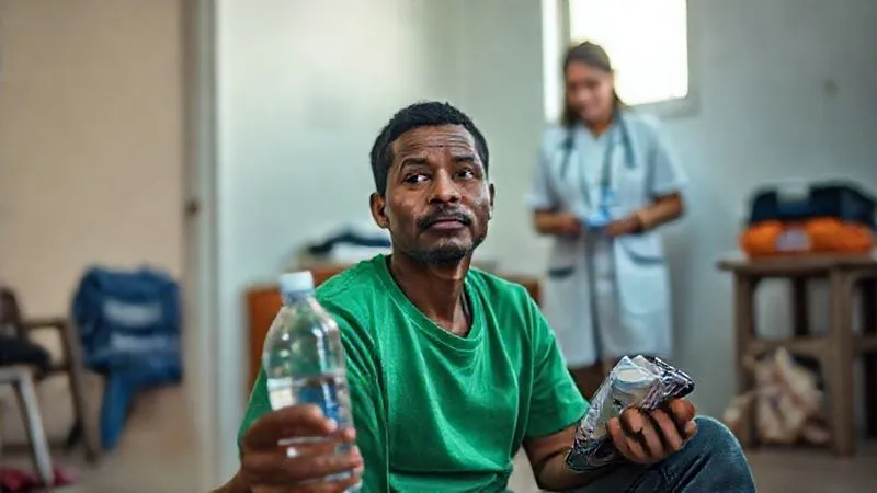 Photorealistic, professional photography, 8K, cinematic lighting, sharp focus, depth of field. A volunteer looking concerned but calm, holding a bottle of water and a small medical kit, sitting in a simple, clean room. A local health professional or project coordinator is visible in the background, offering support. The scene conveys empathy, preparedness, and the importance of seeking help when needed. No text or logos. Photorealistic, professional photography, 8K, cinematic lighting, sharp focus, depth of field. A volunteer looking concerned but calm, holding a bottle of water and a small medical kit, sitting in a simple, clean room. A local health professional or project coordinator is visible in the background, offering support. The scene conveys empathy, preparedness, and the importance of seeking help when needed. No text or logos.