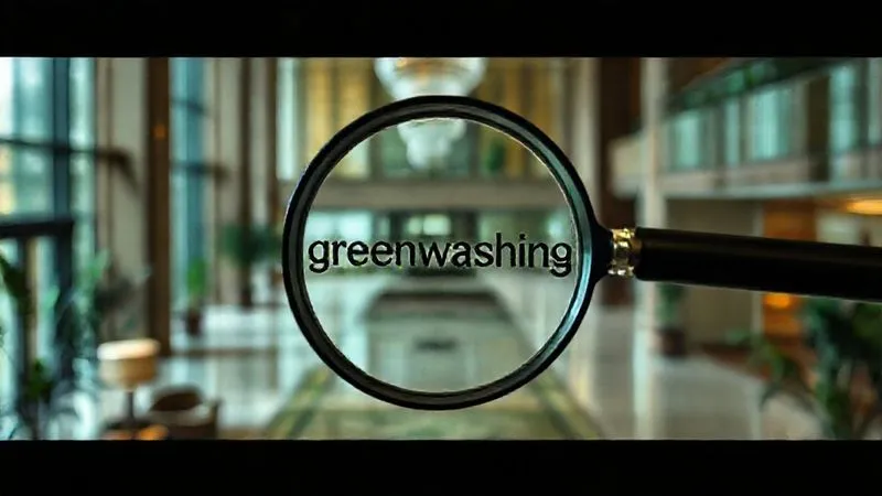 A photorealistic image of a hotel lobby with subtle green elements, but with a magnifying glass hovering over a small, almost invisible label, revealing the words 'greenwashing' in fine print. The overall mood is slightly ambiguous, with cinematic lighting and sharp focus on the magnifying glass and label, 8K hyper-detailed. A photorealistic image of a hotel lobby with subtle green elements, but with a magnifying glass hovering over a small, almost invisible label, revealing the words 'greenwashing' in fine print. The overall mood is slightly ambiguous, with cinematic lighting and sharp focus on the magnifying glass and label, 8K hyper-detailed.