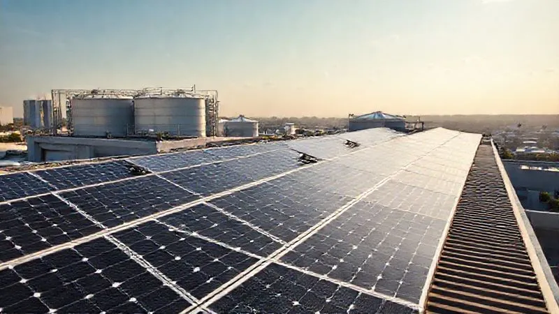 A photorealistic, professional photography, 8K, cinematic lighting, sharp focus, depth of field, shot on a high-end DSLR, showing a modern hotel rooftop with an array of solar panels, with rainwater harvesting tanks visible in the background, symbolizing efficient resource management. The sky is clear, and the overall impression is one of innovation and responsibility. A photorealistic, professional photography, 8K, cinematic lighting, sharp focus, depth of field, shot on a high-end DSLR, showing a modern hotel rooftop with an array of solar panels, with rainwater harvesting tanks visible in the background, symbolizing efficient resource management. The sky is clear, and the overall impression is one of innovation and responsibility.