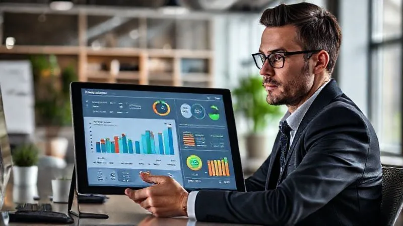 A photorealistic image of a professional at a desk, looking at a tablet displaying a dashboard with various sustainability metrics (energy consumption, water usage, waste reduction), with a focused and analytical expression. The background is a modern, eco-friendly office, with cinematic lighting and sharp focus on the tablet, 8K hyper-detailed. A photorealistic image of a professional at a desk, looking at a tablet displaying a dashboard with various sustainability metrics (energy consumption, water usage, waste reduction), with a focused and analytical expression. The background is a modern, eco-friendly office, with cinematic lighting and sharp focus on the tablet, 8K hyper-detailed.