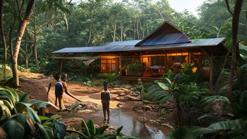 A photorealistic image of a small, rustic, yet charming eco-lodge nestled discreetly within a vibrant rainforest, with solar panels subtly integrated into the roof and a visible rainwater harvesting system. In the foreground, a local guide points to native plants with a small group of engaged travelers. Professional photography, 8K, cinematic lighting, sharp focus on the lodge and group, depth of field blurring the distant canopy, shot on a high-end DSLR. The mood is authentic and harmonious. A photorealistic image of a small, rustic, yet charming eco-lodge nestled discreetly within a vibrant rainforest, with solar panels subtly integrated into the roof and a visible rainwater harvesting system. In the foreground, a local guide points to native plants with a small group of engaged travelers. Professional photography, 8K, cinematic lighting, sharp focus on the lodge and group, depth of field blurring the distant canopy, shot on a high-end DSLR. The mood is authentic and harmonious.