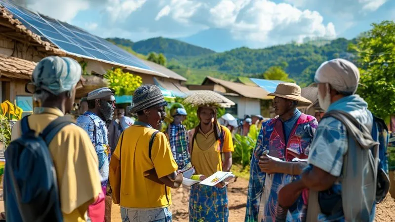A photorealistic image of a diverse group of travelers engaged in a conversation with a local community leader in a vibrant, sustainable village, with clear signs of eco-friendly infrastructure in the background (e.g., solar panels, community garden). One traveler holds a small notebook, jotting down notes, symbolizing active engagement and questioning. Professional photography, 8K, cinematic lighting, sharp focus on the interaction, depth of field blurring the wider village, shot on a high-end DSLR. The mood is one of respectful learning and active participation. A photorealistic image of a diverse group of travelers engaged in a conversation with a local community leader in a vibrant, sustainable village, with clear signs of eco-friendly infrastructure in the background (e.g., solar panels, community garden). One traveler holds a small notebook, jotting down notes, symbolizing active engagement and questioning. Professional photography, 8K, cinematic lighting, sharp focus on the interaction, depth of field blurring the wider village, shot on a high-end DSLR. The mood is one of respectful learning and active participation.
