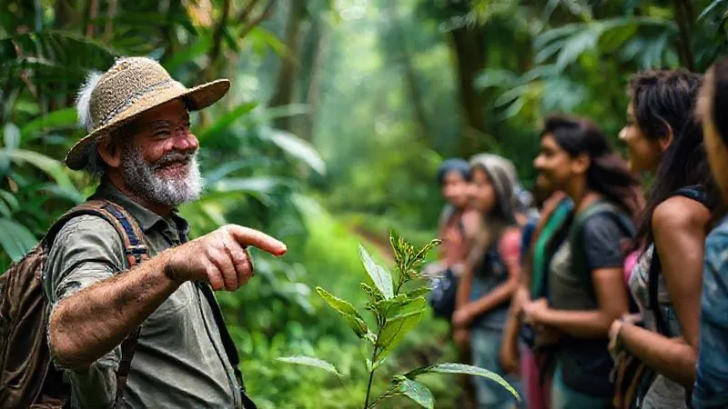 A photorealistic image of an experienced adventure guide, with a warm and engaging smile, pointing to a unique plant species on a vibrant rainforest trail, explaining its ecological significance to a small group of attentive and diverse tourists. Cinematic lighting, sharp focus on the guide and the plant, depth of field blurring the background, 8K hyper-detailed, shot on a high-end DSLR. A photorealistic image of an experienced adventure guide, with a warm and engaging smile, pointing to a unique plant species on a vibrant rainforest trail, explaining its ecological significance to a small group of attentive and diverse tourists. Cinematic lighting, sharp focus on the guide and the plant, depth of field blurring the background, 8K hyper-detailed, shot on a high-end DSLR.