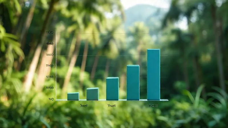 A photorealistic bar chart in 3D, showing a significant decrease in waste generation per tourist over three years, with labels like 'Year 1', 'Year 2', 'Year 3' and 'Waste (kg)'. The chart is set against a blurred background of a pristine rainforest, suggesting positive impact. Cinematic lighting, sharp focus on the data, depth of field, 8K hyper-detailed, shot on a high-end DSLR. A photorealistic bar chart in 3D, showing a significant decrease in waste generation per tourist over three years, with labels like 'Year 1', 'Year 2', 'Year 3' and 'Waste (kg)'. The chart is set against a blurred background of a pristine rainforest, suggesting positive impact. Cinematic lighting, sharp focus on the data, depth of field, 8K hyper-detailed, shot on a high-end DSLR.