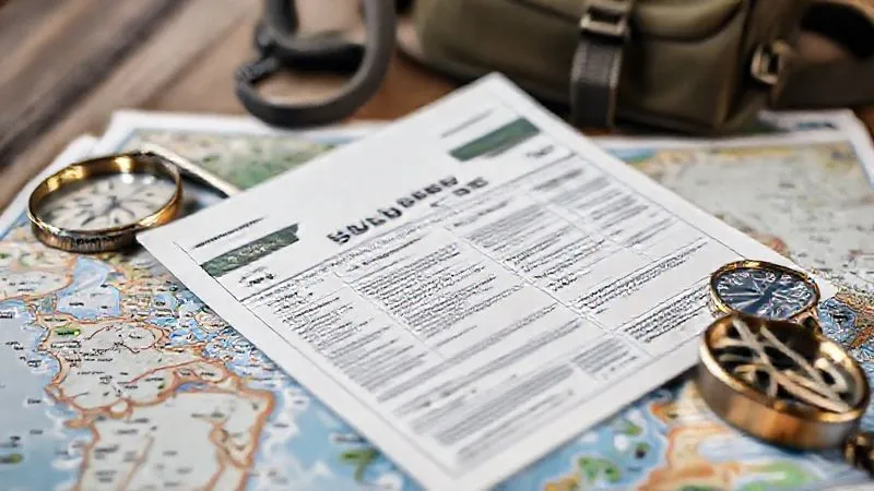 Photorealistic image of a secure, modern travel insurance policy document overlaid on a map of a pristine ecotourism destination, with a compass and a backpack in the background. Cinematic lighting, sharp focus on the policy details, depth of field, 8K, shot on a high-end DSLR. Photorealistic image of a secure, modern travel insurance policy document overlaid on a map of a pristine ecotourism destination, with a compass and a backpack in the background. Cinematic lighting, sharp focus on the policy details, depth of field, 8K, shot on a high-end DSLR.