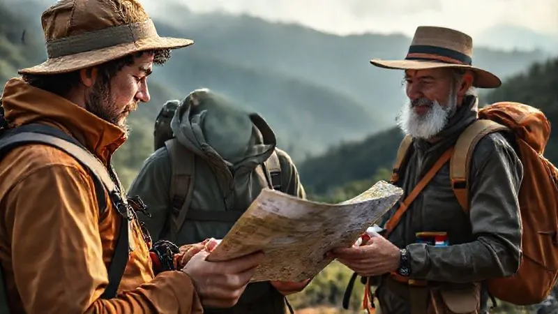 Photorealistic image of a traveler carefully checking a map and a local guide giving advice in a lush, remote ecotourism setting. Focus on preparation and risk management tools like a compass, first aid kit, and waterproof documents. Cinematic lighting, 8K, shot on a high-end DSLR. Photorealistic image of a traveler carefully checking a map and a local guide giving advice in a lush, remote ecotourism setting. Focus on preparation and risk management tools like a compass, first aid kit, and waterproof documents. Cinematic lighting, 8K, shot on a high-end DSLR.