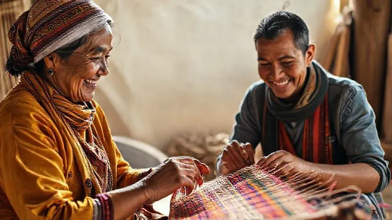 A photorealistic image depicting a respectful cultural exchange: a local artisan from a traditional community teaching a tourist how to weave a vibrant textile, both smiling and engaged. Soft, natural light illuminates their hands and the intricate patterns. 8K, cinematic lighting, sharp focus, depth of field, shot on a high-end DSLR. A photorealistic image depicting a respectful cultural exchange: a local artisan from a traditional community teaching a tourist how to weave a vibrant textile, both smiling and engaged. Soft, natural light illuminates their hands and the intricate patterns. 8K, cinematic lighting, sharp focus, depth of field, shot on a high-end DSLR.