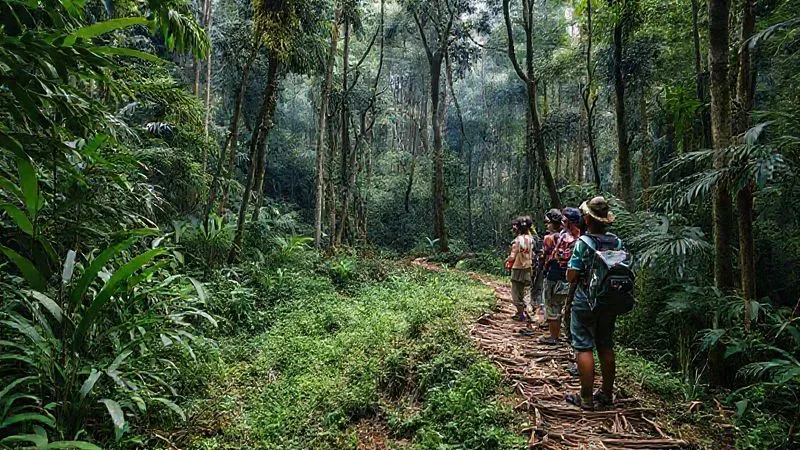 A photorealistic image of a lush, pristine rainforest with a small, winding path made of natural materials. A group of respectful tourists is observing local flora and fauna from a distance, guided by a local community member. The scene emphasizes untouched nature and responsible interaction. 8K, cinematic lighting, sharp focus, depth of field, shot on a high-end DSLR. A photorealistic image of a lush, pristine rainforest with a small, winding path made of natural materials. A group of respectful tourists is observing local flora and fauna from a distance, guided by a local community member. The scene emphasizes untouched nature and responsible interaction. 8K, cinematic lighting, sharp focus, depth of field, shot on a high-end DSLR.