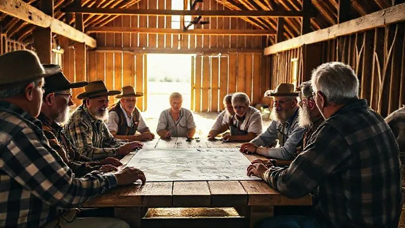 A photorealistic image of a lively community meeting taking place in a rustic, sunlit barn on a farm. Local farmers, both young and old, are engaged in discussion with a few tourists respectfully observing. There's a sense of collaborative decision-making, with maps and plans laid out on a wooden table. Cinematic lighting highlights the diverse faces and the warmth of community interaction. Professional photography, 8K, sharp focus on the group, depth of field blurring the background elements, shot on a high-end DSLR. A photorealistic image of a lively community meeting taking place in a rustic, sunlit barn on a farm. Local farmers, both young and old, are engaged in discussion with a few tourists respectfully observing. There's a sense of collaborative decision-making, with maps and plans laid out on a wooden table. Cinematic lighting highlights the diverse faces and the warmth of community interaction. Professional photography, 8K, sharp focus on the group, depth of field blurring the background elements, shot on a high-end DSLR.
