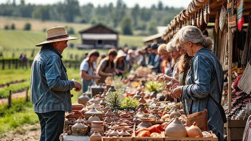 A photorealistic image of a vibrant, bustling farmers' market stall set up on a traditional rural farm. Local artisans are proudly displaying handcrafted pottery, textiles, and organic produce. Tourists are engaging warmly with the vendors, examining the goods with genuine interest. The scene is full of natural light, rich colors, and a sense of community pride. Professional photography, 8K, cinematic lighting, sharp focus on the interactions and products, depth of field blurring the background farm activities, shot on a high-end DSLR. A photorealistic image of a vibrant, bustling farmers' market stall set up on a traditional rural farm. Local artisans are proudly displaying handcrafted pottery, textiles, and organic produce. Tourists are engaging warmly with the vendors, examining the goods with genuine interest. The scene is full of natural light, rich colors, and a sense of community pride. Professional photography, 8K, cinematic lighting, sharp focus on the interactions and products, depth of field blurring the background farm activities, shot on a high-end DSLR.