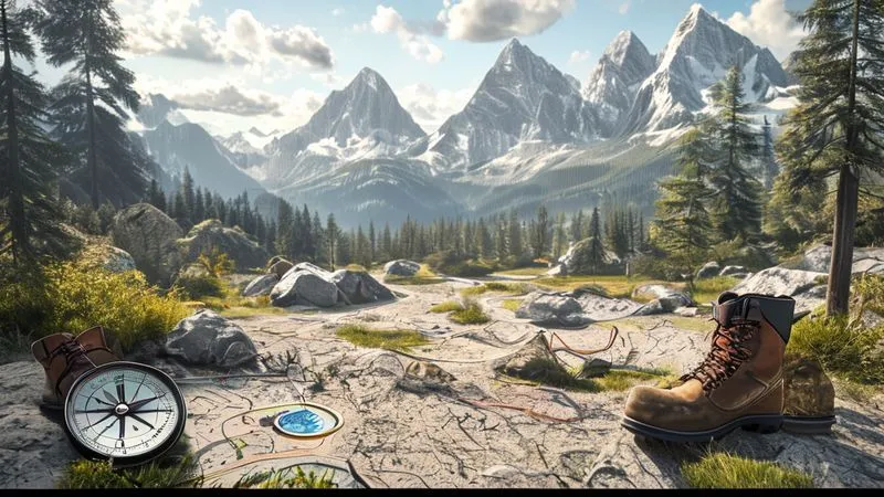 A detailed, photorealistic map showing designated camping zones and trails in a mountainous national park, with a compass and hiking boots resting nearby. Cinematic lighting, sharp focus on the map details, depth of field. Professional photography, 8K, shot on a high-end DSLR. A detailed, photorealistic map showing designated camping zones and trails in a mountainous national park, with a compass and hiking boots resting nearby. Cinematic lighting, sharp focus on the map details, depth of field. Professional photography, 8K, shot on a high-end DSLR.