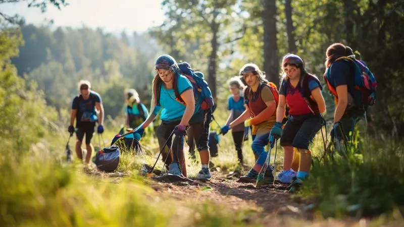 A diverse group of hikers and campers actively participating in a trail maintenance and clean-up event in a beautiful, natural park. They are smiling, wearing gloves, and carrying bags of collected litter. Cinematic lighting, sharp focus, depth of field. Photorealistic, professional photography, 8K, shot on a high-end DSLR. A diverse group of hikers and campers actively participating in a trail maintenance and clean-up event in a beautiful, natural park. They are smiling, wearing gloves, and carrying bags of collected litter. Cinematic lighting, sharp focus, depth of field. Photorealistic, professional photography, 8K, shot on a high-end DSLR.