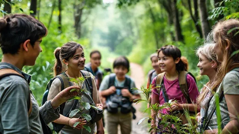 A photorealistic image of a small group of tourists, including children, on a guided nature walk in a lush rural setting. A local guide is pointing to a plant, telling a story, with expressions of wonder and engagement on the faces of the listeners. Professional photography, 8K, cinematic lighting, sharp focus on the interaction, depth of field blurring the forest path ahead, shot on a high-end DSLR. A photorealistic image of a small group of tourists, including children, on a guided nature walk in a lush rural setting. A local guide is pointing to a plant, telling a story, with expressions of wonder and engagement on the faces of the listeners. Professional photography, 8K, cinematic lighting, sharp focus on the interaction, depth of field blurring the forest path ahead, shot on a high-end DSLR.