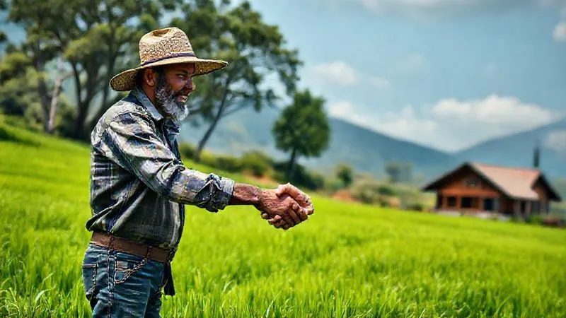 A photorealistic image of a handshake between a local farmer and a university researcher, with a lush green field and a sustainable tourism lodge in the background, symbolizing collaboration and partnership. Professional photography, 8K, cinematic lighting, sharp focus on the handshake, depth of field blurring the scenic background, shot on a high-end DSLR. A photorealistic image of a handshake between a local farmer and a university researcher, with a lush green field and a sustainable tourism lodge in the background, symbolizing collaboration and partnership. Professional photography, 8K, cinematic lighting, sharp focus on the handshake, depth of field blurring the scenic background, shot on a high-end DSLR.