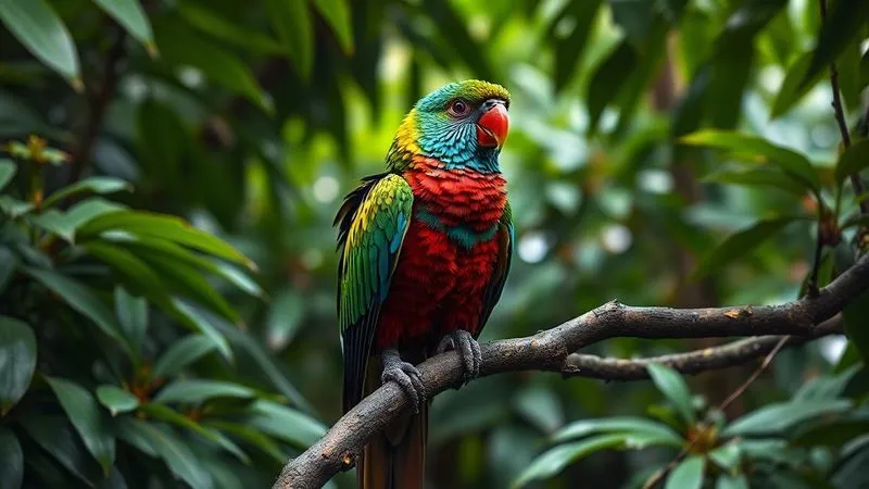 A photorealistic image of a vibrant tropical bird (e.g., a resplendent quetzal or a hyacinth macaw) perched naturally on a branch in a dense rainforest, completely undisturbed, surrounded by lush green foliage. The bird's eyes are calm and focused on its environment, not on the viewer. Cinematic lighting, 8K hyper-detailed, sharp focus on the bird, with a soft depth of field blurring the background. The scene conveys peace and untouched wildness. A photorealistic image of a vibrant tropical bird (e.g., a resplendent quetzal or a hyacinth macaw) perched naturally on a branch in a dense rainforest, completely undisturbed, surrounded by lush green foliage. The bird's eyes are calm and focused on its environment, not on the viewer. Cinematic lighting, 8K hyper-detailed, sharp focus on the bird, with a soft depth of field blurring the background. The scene conveys peace and untouched wildness.