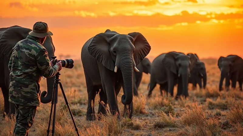 A photorealistic image of a wildlife photographer, camouflaged and patiently waiting, using a very long telephoto lens on a tripod, maintaining a significant distance from a group of wild elephants peacefully grazing in a savanna at sunset. The elephants are calm and unaware of the photographer's presence. Cinematic golden hour lighting, 8K hyper-detailed, sharp focus on both photographer and elephants, with a subtle depth of field. The scene emphasizes ethical, non-intrusive photography. A photorealistic image of a wildlife photographer, camouflaged and patiently waiting, using a very long telephoto lens on a tripod, maintaining a significant distance from a group of wild elephants peacefully grazing in a savanna at sunset. The elephants are calm and unaware of the photographer's presence. Cinematic golden hour lighting, 8K hyper-detailed, sharp focus on both photographer and elephants, with a subtle depth of field. The scene emphasizes ethical, non-intrusive photography.