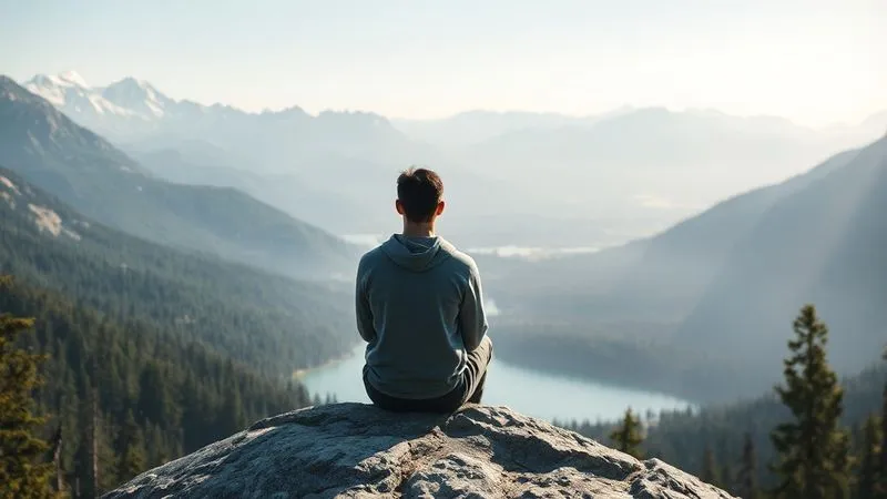 A photorealistic, serene image of a person sitting quietly on a rock overlooking a vast, untouched wilderness (e.g., a mountain range with a pristine forest below, or a tranquil lake at dawn), with their back to the viewer. The person is deep in contemplation, absorbing the beauty of nature. The light is soft and ethereal, evoking peace and a deep connection to the environment. 8K hyper-detailed, sharp focus on the person and the immediate foreground, with a gentle depth of field extending to the majestic landscape. The scene communicates harmony and profound appreciation for nature. A photorealistic, serene image of a person sitting quietly on a rock overlooking a vast, untouched wilderness (e.g., a mountain range with a pristine forest below, or a tranquil lake at dawn), with their back to the viewer. The person is deep in contemplation, absorbing the beauty of nature. The light is soft and ethereal, evoking peace and a deep connection to the environment. 8K hyper-detailed, sharp focus on the person and the immediate foreground, with a gentle depth of field extending to the majestic landscape. The scene communicates harmony and profound appreciation for nature.