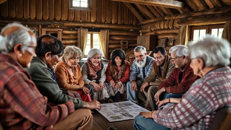Photorealistic image of a diverse group of community members, including elders, youth, and adults, seated in a circle in a rustic community hall, engaged in an earnest discussion. They are looking at a shared visual aid (like a map or chart) on the floor, with a sense of collaboration and active participation. Cinematic lighting, sharp focus on their faces and expressions, depth of field blurring the background, 8K hyper-detailed, shot on a high-end DSLR. Photorealistic image of a diverse group of community members, including elders, youth, and adults, seated in a circle in a rustic community hall, engaged in an earnest discussion. They are looking at a shared visual aid (like a map or chart) on the floor, with a sense of collaboration and active participation. Cinematic lighting, sharp focus on their faces and expressions, depth of field blurring the background, 8K hyper-detailed, shot on a high-end DSLR.
