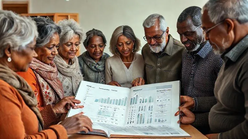 Photorealistic, professional photography, 8K, cinematic lighting, sharp focus, depth of field, shot on a high-end DSLR. A diverse group of community members, including women and men of different ages, gathered around a large, open ledger book or a digital tablet displaying financial data. Their expressions convey understanding and engagement, with some pointing to figures and others nodding. The setting is a well-lit, simple community office or meeting space, emphasizing clarity and openness in financial matters. Photorealistic, professional photography, 8K, cinematic lighting, sharp focus, depth of field, shot on a high-end DSLR. A diverse group of community members, including women and men of different ages, gathered around a large, open ledger book or a digital tablet displaying financial data. Their expressions convey understanding and engagement, with some pointing to figures and others nodding. The setting is a well-lit, simple community office or meeting space, emphasizing clarity and openness in financial matters.
