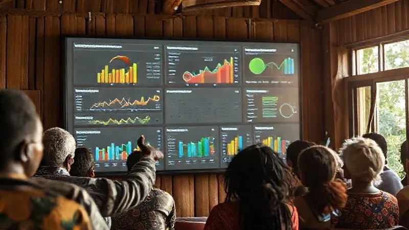 Photorealistic, professional photography, 8K, cinematic lighting, sharp focus, depth of field, shot on a high-end DSLR. A vibrant, clean data visualization dashboard displayed on a large screen in a community center. The dashboard shows various metrics related to community well-being and economic growth from ecotourism, with clear graphs and charts indicating positive trends. Community members are gathered, observing the screen with interest and understanding, some pointing and discussing. The atmosphere is one of shared progress and empowerment. Photorealistic, professional photography, 8K, cinematic lighting, sharp focus, depth of field, shot on a high-end DSLR. A vibrant, clean data visualization dashboard displayed on a large screen in a community center. The dashboard shows various metrics related to community well-being and economic growth from ecotourism, with clear graphs and charts indicating positive trends. Community members are gathered, observing the screen with interest and understanding, some pointing and discussing. The atmosphere is one of shared progress and empowerment.