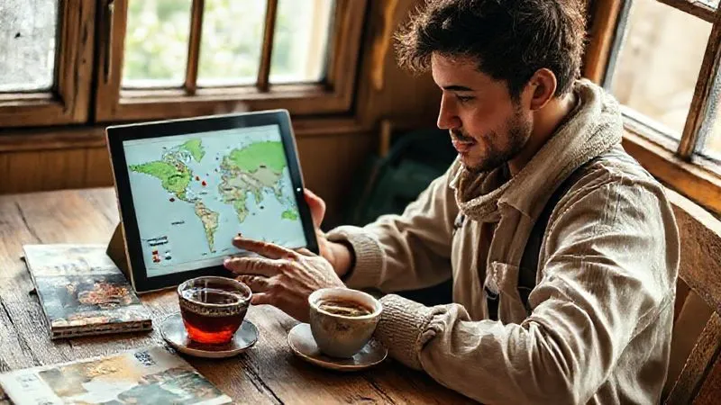 A photorealistic image of a diverse traveler (wearing light, natural fabrics) sitting at a rustic wooden table, intently researching on a tablet. The screen displays a map with pins on local markets and small farms, surrounded by travel guides and a cup of steaming herbal tea. Cinematic natural light filters through a window, highlighting a thoughtful expression. 8K hyper-detailed, sharp focus on the tablet and hands, depth of field blurring a cozy, travel-themed background, shot on a high-end DSLR. A photorealistic image of a diverse traveler (wearing light, natural fabrics) sitting at a rustic wooden table, intently researching on a tablet. The screen displays a map with pins on local markets and small farms, surrounded by travel guides and a cup of steaming herbal tea. Cinematic natural light filters through a window, highlighting a thoughtful expression. 8K hyper-detailed, sharp focus on the tablet and hands, depth of field blurring a cozy, travel-themed background, shot on a high-end DSLR.