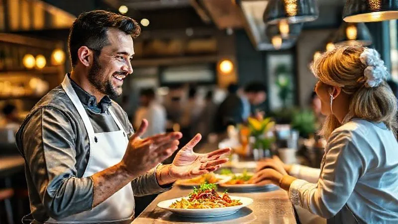 A photorealistic image of a friendly, passionate chef (wearing a clean white apron) at a bustling, yet inviting, open kitchen counter. He is enthusiastically explaining the origin of a vibrant, freshly plated dish to an engaged customer. Soft, warm cinematic lighting highlights the fresh ingredients on the plate and the chef's expressive hands. Sharp focus on the interaction and the food, with a bustling restaurant background softly blurred. 8K hyper-detailed, shot on a high-end DSLR. A photorealistic image of a friendly, passionate chef (wearing a clean white apron) at a bustling, yet inviting, open kitchen counter. He is enthusiastically explaining the origin of a vibrant, freshly plated dish to an engaged customer. Soft, warm cinematic lighting highlights the fresh ingredients on the plate and the chef's expressive hands. Sharp focus on the interaction and the food, with a bustling restaurant background softly blurred. 8K hyper-detailed, shot on a high-end DSLR.