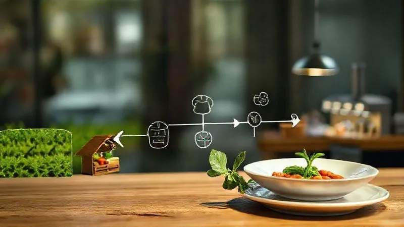 A photorealistic image of a complex yet interconnected food supply chain diagram, starting with a small farm field on the left, leading through a local market, a small restaurant kitchen, and finally to a plate on a table. Arrows indicate the flow of goods and money, with small icons representing sustainability (a leaf, a handshake). Cinematic lighting, sharp focus on the interconnected elements, 8K hyper-detailed, shot on a high-end DSLR. A photorealistic image of a complex yet interconnected food supply chain diagram, starting with a small farm field on the left, leading through a local market, a small restaurant kitchen, and finally to a plate on a table. Arrows indicate the flow of goods and money, with small icons representing sustainability (a leaf, a handshake). Cinematic lighting, sharp focus on the interconnected elements, 8K hyper-detailed, shot on a high-end DSLR.