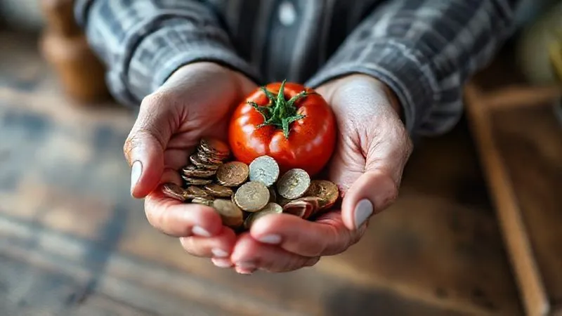 A photorealistic image of two hands, one gently holding a small stack of diverse coins (currency from various countries) and the other cradling a vibrant, freshly picked heirloom tomato. The image is bathed in soft, natural light, symbolizing balance and conscious choice. Sharp focus on the hands and objects, with a subtly blurred background of a rustic kitchen counter. 8K hyper-detailed, shot on a high-end DSLR. A photorealistic image of two hands, one gently holding a small stack of diverse coins (currency from various countries) and the other cradling a vibrant, freshly picked heirloom tomato. The image is bathed in soft, natural light, symbolizing balance and conscious choice. Sharp focus on the hands and objects, with a subtly blurred background of a rustic kitchen counter. 8K hyper-detailed, shot on a high-end DSLR.