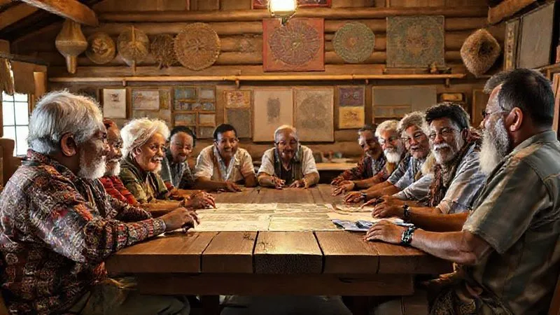 A photorealistic image of a diverse group of local community leaders, including elders and youth, engaging in a lively discussion with sustainable tourism operators in a rustic, well-lit community center. They are seated around a large wooden table, some pointing to maps or documents, their expressions indicating serious but collaborative dialogue. Traditional crafts and local artwork adorn the background, emphasizing cultural authenticity. Cinematic lighting highlights their faces, conveying trust and mutual respect.