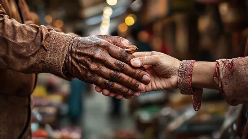 A photorealistic, professional photography, 8K, cinematic lighting, sharp focus, depth of field, shot on a high-end DSLR, of hands from diverse individuals, including a local community elder and a tourist, respectfully exchanging a small, intricately carved wooden bird, symbolizing cultural exchange and fair trade. The hands are gently clasped, with a soft blur in the background of a bustling local market, suggesting economic activity. The lighting should be warm and inviting, emphasizing connection and mutual respect.