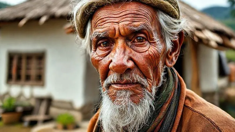 A photorealistic image of a weathered, wise-looking local community elder, with deep lines on their face, standing proudly in front of a newly constructed, eco-friendly community center. They are looking directly at the camera with a calm, resilient expression, symbolizing the strength and wisdom required to overcome challenges in sustainable development. The background shows hints of natural landscape and traditional dwellings, with cinematic lighting emphasizing their dignity and the communal achievement. Sharp focus on the elder's face.