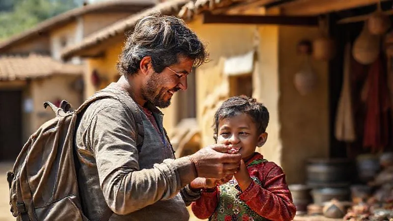 A photorealistic, professional photography, 8K, cinematic lighting, sharp focus, depth of field, shot on a high-end DSLR, of a responsible tourist, with a small backpack, genuinely engaging with a local child while visiting a community-run craft workshop in a vibrant, sunlit village. The tourist is showing genuine interest in the child's small handmade item, with a respectful and warm smile. The scene should convey authentic cultural exchange, mutual learning, and positive interaction, with traditional architecture in the background.