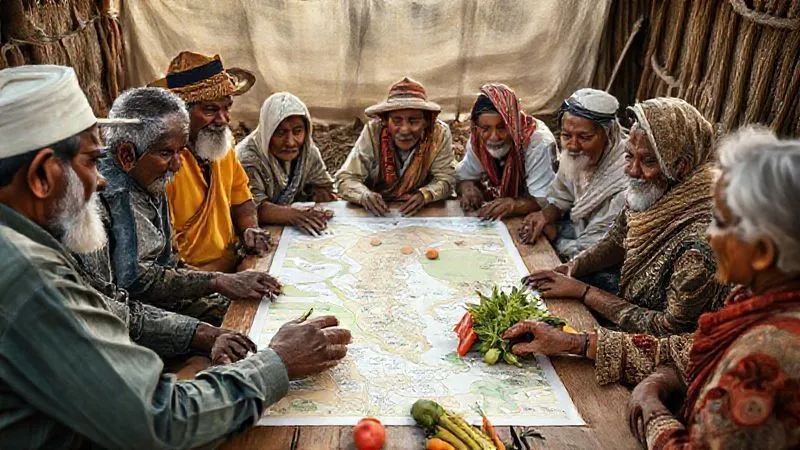 A photorealistic, professional photography, 8K, cinematic lighting, sharp focus, depth of field, shot on a high-end DSLR, depicting a diverse group of local community members (farmers, artisans, elders, youth) gathered around a table, actively discussing and mapping out local resources and potential tourism activities, with maps and local produce on the table, showing collaboration and engagement.