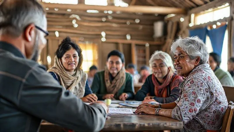 A photorealistic, professional photography, 8K, cinematic lighting, sharp focus, depth of field, shot on a high-end DSLR, depicting a workshop setting in a rural community center, where local adults are engaged in learning hospitality skills, such as customer service or basic English, from an instructor. The atmosphere is collaborative and empowering, with diverse ages participating.