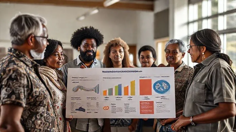 A photorealistic, professional photography, 8K, cinematic lighting, sharp focus, depth of field, shot on a high-end DSLR, depicting a diverse group of local community members and tourism operators reviewing a large infographic chart showing positive impact metrics (jobs created, local spending, training participation) in a bright, modern community center, emphasizing transparency and shared success.