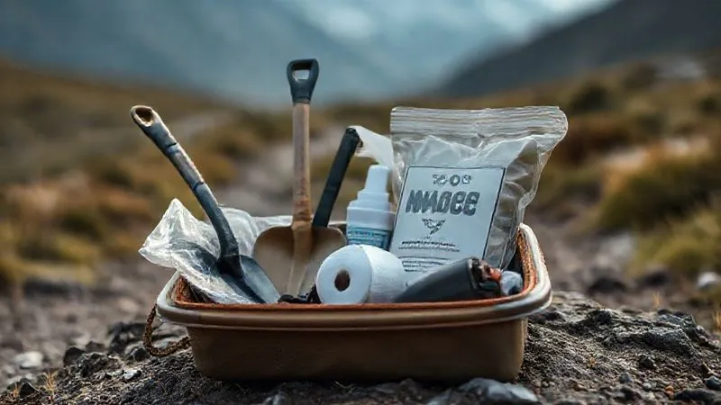 Photorealistic, professional photography, 8K, cinematic lighting, sharp focus, depth of field, shot on a high-end DSLR. A close-up of a compact, organized kit for human waste management, including a small trowel, a roll of toilet paper, hand sanitizer, and a sealed 'Wag Bag' in a clear, rugged container, set against a blurred background of a remote mountain trail. Photorealistic, professional photography, 8K, cinematic lighting, sharp focus, depth of field, shot on a high-end DSLR. A close-up of a compact, organized kit for human waste management, including a small trowel, a roll of toilet paper, hand sanitizer, and a sealed 'Wag Bag' in a clear, rugged container, set against a blurred background of a remote mountain trail.