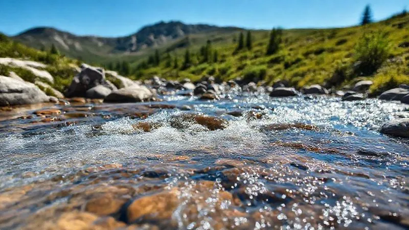 Photorealistic, professional photography, 8K, cinematic lighting, sharp focus, depth of field, shot on a high-end DSLR. A pristine mountain stream flowing over smooth rocks, with a subtle, almost invisible ripple effect indicating potential microscopic contaminants, emphasizing the fragility of water sources. The background features lush, untouched alpine vegetation under a clear blue sky. Photorealistic, professional photography, 8K, cinematic lighting, sharp focus, depth of field, shot on a high-end DSLR. A pristine mountain stream flowing over smooth rocks, with a subtle, almost invisible ripple effect indicating potential microscopic contaminants, emphasizing the fragility of water sources. The background features lush, untouched alpine vegetation under a clear blue sky.