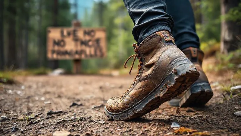 Photorealistic, professional photography, 8K, cinematic lighting, sharp focus, depth of field, shot on a high-end DSLR. A pair of hiking boots with mud on them, positioned carefully on a clean, designated trail, with a blurred background of a sign displaying 'Leave No Trace Principles' in a beautiful mountain forest setting, symbolizing conscious decision-making. Photorealistic, professional photography, 8K, cinematic lighting, sharp focus, depth of field, shot on a high-end DSLR. A pair of hiking boots with mud on them, positioned carefully on a clean, designated trail, with a blurred background of a sign displaying 'Leave No Trace Principles' in a beautiful mountain forest setting, symbolizing conscious decision-making.