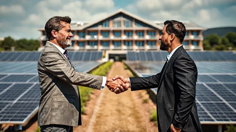 A photorealistic image showing a handshake between two professionals (one representing a hotel, one an energy company) in front of a modern solar farm. The background features a sustainable hotel building. Cinematic lighting, sharp focus on the handshake, depth of field. 8K, professional photography, shot on a high-end DSLR. A photorealistic image showing a handshake between two professionals (one representing a hotel, one an energy company) in front of a modern solar farm. The background features a sustainable hotel building. Cinematic lighting, sharp focus on the handshake, depth of field. 8K, professional photography, shot on a high-end DSLR.