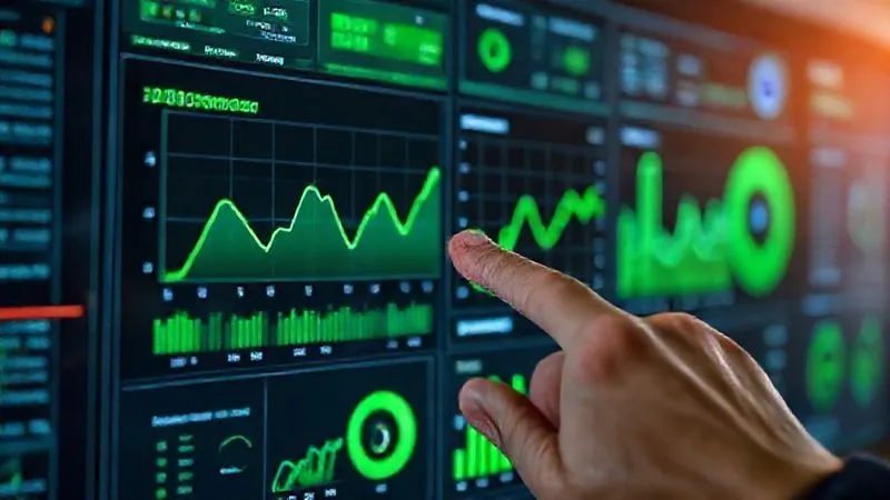 A photorealistic image of a sophisticated energy monitoring dashboard displaying real-time data on energy consumption and generation, with a focus on green energy metrics. A hand points to a positive trend line on the screen. Cinematic lighting, sharp focus on the screen, depth of field. 8K, professional photography, shot on a high-end DSLR. A photorealistic image of a sophisticated energy monitoring dashboard displaying real-time data on energy consumption and generation, with a focus on green energy metrics. A hand points to a positive trend line on the screen. Cinematic lighting, sharp focus on the screen, depth of field. 8K, professional photography, shot on a high-end DSLR.