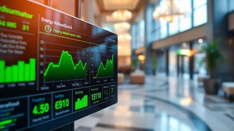 A photorealistic image of a hotel energy management dashboard displaying real-time data on consumption, generation, and savings, with green and blue graphs, digital interface, cinematic lighting, sharp focus on data, depth of field blurring a modern hotel lobby in the background, 8K hyper-detailed, shot on a high-end DSLR. A photorealistic image of a hotel energy management dashboard displaying real-time data on consumption, generation, and savings, with green and blue graphs, digital interface, cinematic lighting, sharp focus on data, depth of field blurring a modern hotel lobby in the background, 8K hyper-detailed, shot on a high-end DSLR.