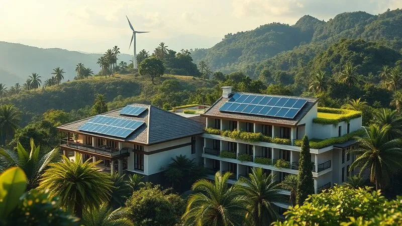 A photorealistic image of a luxurious, eco-friendly hotel resort nestled in a lush landscape, showcasing various renewable energy elements: solar panels on rooftops, a small wind turbine in the distance, and visible green infrastructure like vertical gardens and rainwater harvesting systems. Cinematic lighting, sharp focus on the hotel architecture, depth of field blurring the natural surroundings, 8K hyper-detailed, shot on a high-end DSLR. A photorealistic image of a luxurious, eco-friendly hotel resort nestled in a lush landscape, showcasing various renewable energy elements: solar panels on rooftops, a small wind turbine in the distance, and visible green infrastructure like vertical gardens and rainwater harvesting systems. Cinematic lighting, sharp focus on the hotel architecture, depth of field blurring the natural surroundings, 8K hyper-detailed, shot on a high-end DSLR.