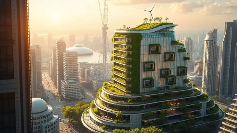 A photorealistic image of a futuristic, architecturally stunning green hotel integrated seamlessly into a vibrant urban landscape, powered by visible advanced renewable energy technologies like transparent solar panels, vertical axis wind turbines, and lush rooftop gardens. The scene is bathed in a soft, futuristic glow, with a sense of innovation and prosperity. Cinematic lighting, sharp focus on the hotel, depth of field blurring the futuristic city, 8K hyper-detailed, shot on a high-end DSLR. A photorealistic image of a futuristic, architecturally stunning green hotel integrated seamlessly into a vibrant urban landscape, powered by visible advanced renewable energy technologies like transparent solar panels, vertical axis wind turbines, and lush rooftop gardens. The scene is bathed in a soft, futuristic glow, with a sense of innovation and prosperity. Cinematic lighting, sharp focus on the hotel, depth of field blurring the futuristic city, 8K hyper-detailed, shot on a high-end DSLR.