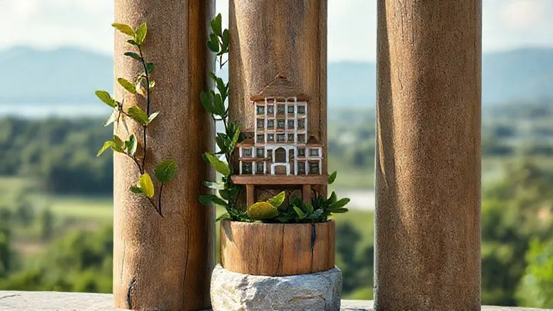 A photorealistic image of three interconnected pillars, each representing Environmental, Social, and Economic sustainability, supporting a stylized hotel icon. The pillars are made of natural materials like wood and stone, with subtle green foliage intertwined. Cinematic lighting, sharp focus, 8K, professional photography, depth of field blurring a distant landscape. A photorealistic image of three interconnected pillars, each representing Environmental, Social, and Economic sustainability, supporting a stylized hotel icon. The pillars are made of natural materials like wood and stone, with subtle green foliage intertwined. Cinematic lighting, sharp focus, 8K, professional photography, depth of field blurring a distant landscape.