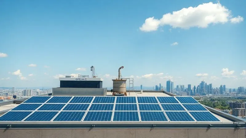 A photorealistic image of a modern hotel rooftop with visible solar panels and a rainwater harvesting system, against a clear blue sky with a few clouds. Professional photography, 8K, cinematic lighting, sharp focus on the technology, depth of field blurring the distant city skyline. A photorealistic image of a modern hotel rooftop with visible solar panels and a rainwater harvesting system, against a clear blue sky with a few clouds. Professional photography, 8K, cinematic lighting, sharp focus on the technology, depth of field blurring the distant city skyline.