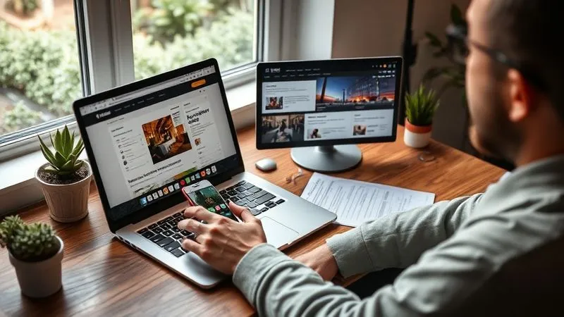 A photorealistic image of a person using a laptop and smartphone at a cozy desk, meticulously researching hotel reviews and sustainability reports. There are subtle plant elements like a small succulent on the desk and a window looking out onto a green area. Cinematic lighting, sharp focus on the screens and the user's engaged expression, 8K, professional photography, depth of field blurring the background. A photorealistic image of a person using a laptop and smartphone at a cozy desk, meticulously researching hotel reviews and sustainability reports. There are subtle plant elements like a small succulent on the desk and a window looking out onto a green area. Cinematic lighting, sharp focus on the screens and the user's engaged expression, 8K, professional photography, depth of field blurring the background.