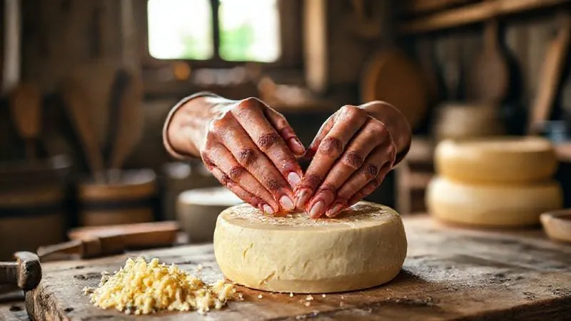 A photorealistic, professional photography shot of a woman with warm, experienced hands carefully inspecting a freshly made artisanal cheese. In the background, a rustic, clean farm kitchen with traditional tools and natural light streaming through a window, emphasizing authenticity and quality. 8K, cinematic lighting, sharp focus on the hands and cheese, depth of field blurring the background, shot on a high-end DSLR, evoking tradition and craftsmanship. A photorealistic, professional photography shot of a woman with warm, experienced hands carefully inspecting a freshly made artisanal cheese. In the background, a rustic, clean farm kitchen with traditional tools and natural light streaming through a window, emphasizing authenticity and quality. 8K, cinematic lighting, sharp focus on the hands and cheese, depth of field blurring the background, shot on a high-end DSLR, evoking tradition and craftsmanship.