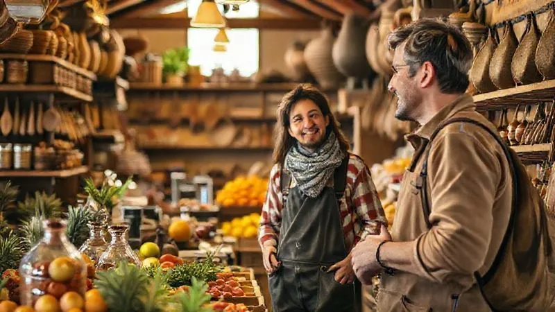 A photorealistic, professional photography shot of a charming, rustic general store or market stall in a rural setting, filled with beautifully displayed local produce, artisanal crafts, and homemade goods. A friendly local vendor is smiling and talking to a curious tourist, highlighting the storytelling aspect of local products. Warm, inviting cinematic lighting, sharp focus on the interaction and products, depth of field blurring the background, 8K, shot on a high-end DSLR, evoking community and authentic exchange. A photorealistic, professional photography shot of a charming, rustic general store or market stall in a rural setting, filled with beautifully displayed local produce, artisanal crafts, and homemade goods. A friendly local vendor is smiling and talking to a curious tourist, highlighting the storytelling aspect of local products. Warm, inviting cinematic lighting, sharp focus on the interaction and products, depth of field blurring the background, 8K, shot on a high-end DSLR, evoking community and authentic exchange.